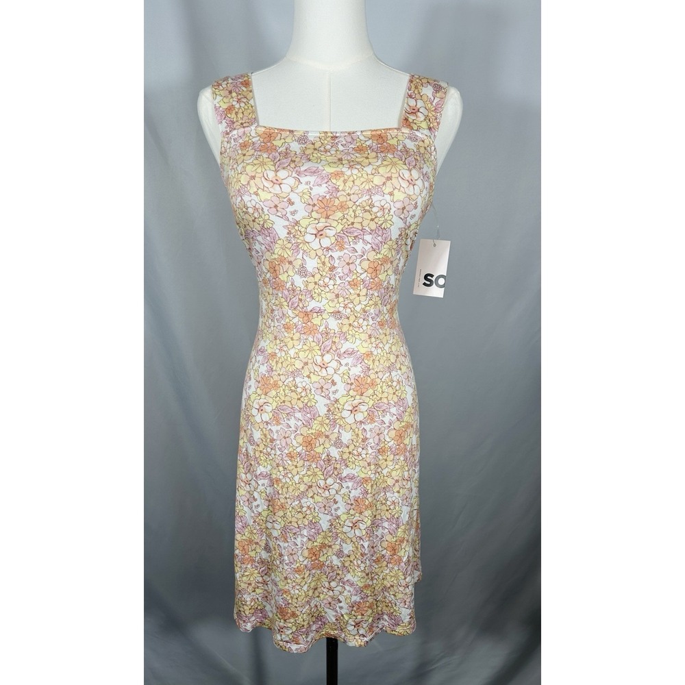 So Women's Babydoll Knit Sun dress Pastel Floral Size M Y2K Square Neck Feminine